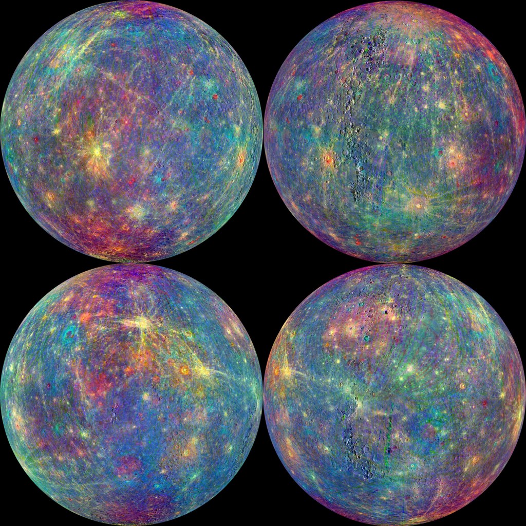 Superficie de Mercurio con diferentes colores que representan la gama de minerales de su superficie, ( Messenger/ NASA)