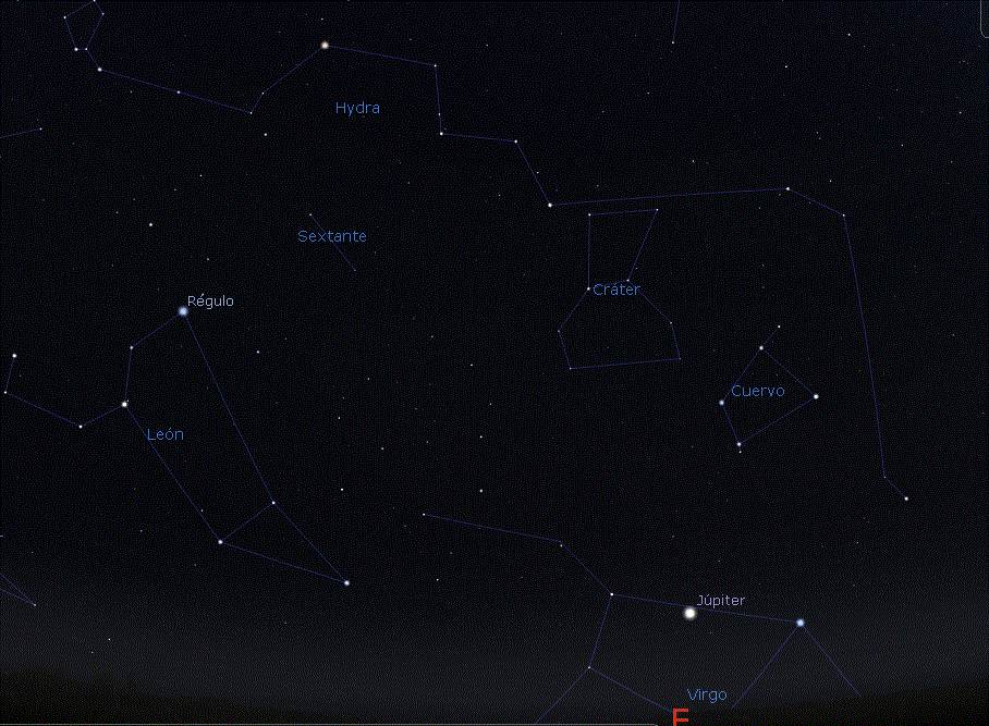 Júpiter en Virgo, con Leo, bajola constelación de Hydra. (Stellariumm)