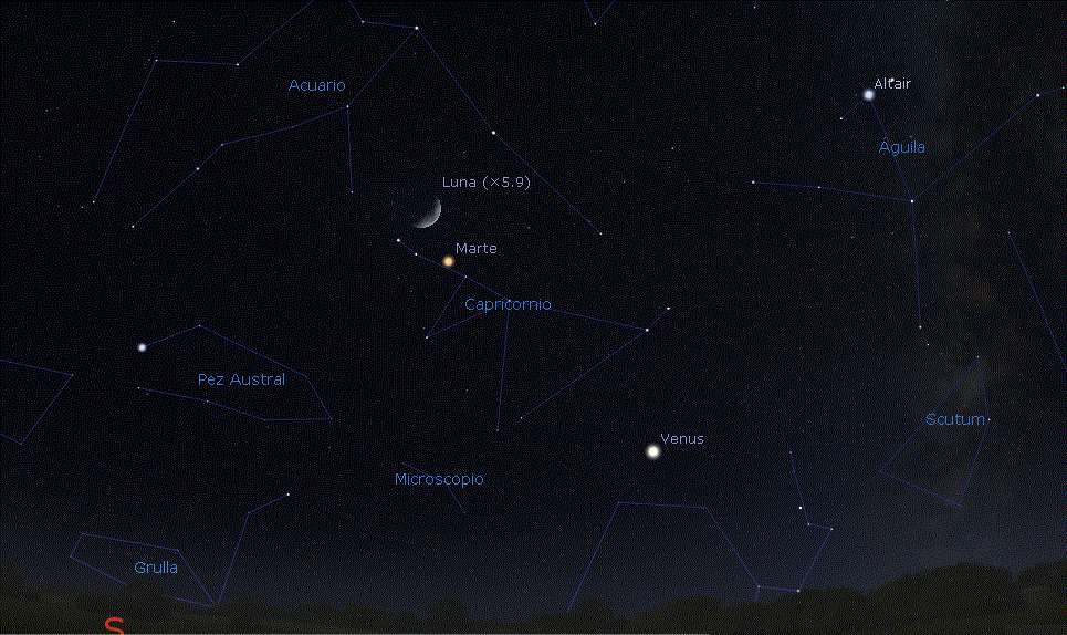 Venus, Marte y la Luna creciente del5 de diciemre de 2016. Stellarium