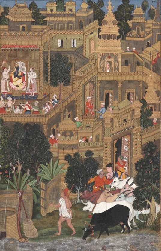 Krishna en Dwaraka. Imagen del texto Harivamska del 1600. (Wikimedia Commons)