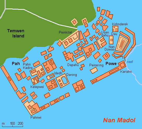 Nan Madol. Mapa de la ciudad artifical que posiblemente esconde una ciudad perdida bajo las aguas. (Wikimedia)